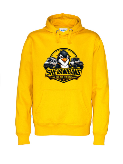 Yellow Shevanigans hoodie with large logo